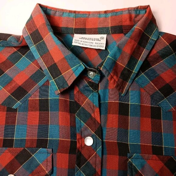 Western Shirt Size 38 Pearl Snap Blouse Maroon Tea Black Plaid Vintage Ranchwear - Picture 5 of 10